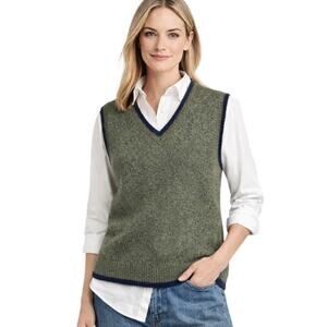 Whitefish Bay Shetland Wool Sweater Vest Olive Green Navy Trim Size Large